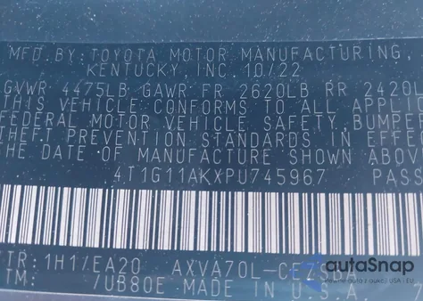 2023 Toyota Camry Se z USA, uszkodzony, nr VIN 4T1G11AKXPU745967